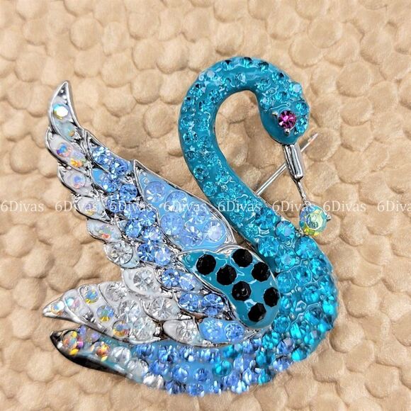 GLITTERING Blue Swan Brooch Pin - Picture 4 of 7